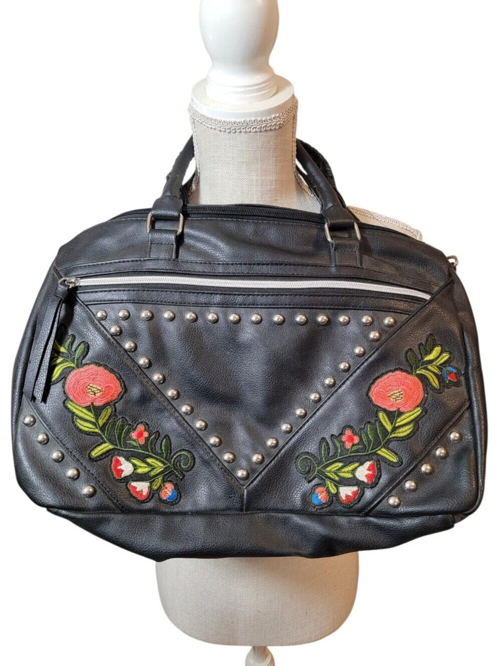 Torrid Black Faux Leather Floral Embroidered Silver Studded Purse/Bag